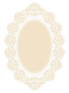 Vintage ornate lace oval frame illustration. Victorian style doily clipart. Classic antique embroidery crochet border. Elegant decorative lace doily with delicate mesh texture for greeting cards.