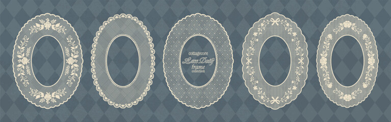 Floral oval lace frame collection. Vintage cottagecore elegant lace doilies with flower, rose, bow, polka dot pattern. Classic embroidery crochet borders with squiggle shapes for scrapbook, collage. © Alena creator