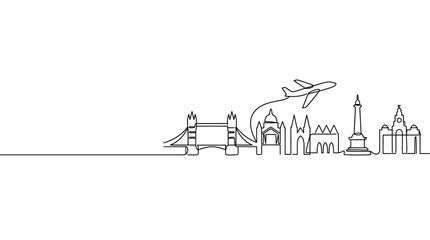Obraz premium Continuous line drawing of London city skyline with airplane.
