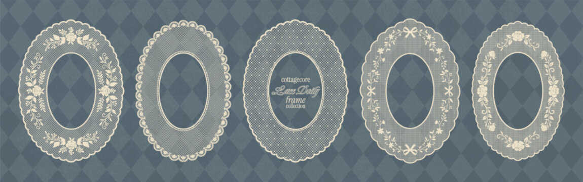 Floral oval lace frame collection. Vintage cottagecore elegant lace doilies with flower, rose, bow, polka dot pattern. Classic embroidery crochet borders with squiggle shapes for scrapbook, collage.