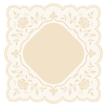 Classic square lace frame with floral roses motif. Elegant lace doily wedding invitation border in crochet style. Vintage embroidery handkerchief for greeting cards. Whimsical clipart.