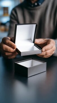 Close up of hands holding and opening a stylish black gift box, with the lid being lifted to show an empty inside. The image conveys curiosity, gifting moments, and special occasions