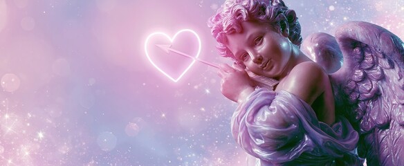 Naklejka premium Cherub in soft pastel hues holding a glowing heart arrow, set against a dreamy romantic background.
