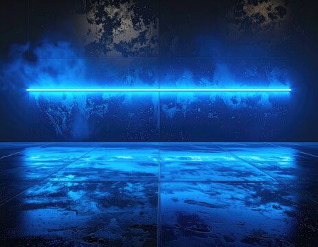 A stark, futuristic room with a glowing blue neon light strip and wet floor