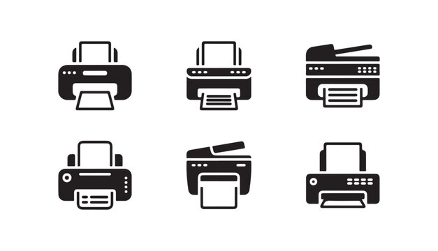 Collection of modern printer icons for scanning documents and office printing tasks.