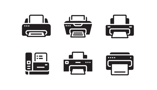 Set of printer icons for document output and fax machine usage in administrative work.