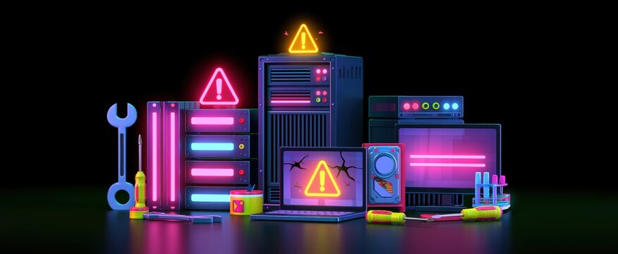 Glowing warning signs and cracked monitors highlight urgent repairs in a sleek, futuristic server room.