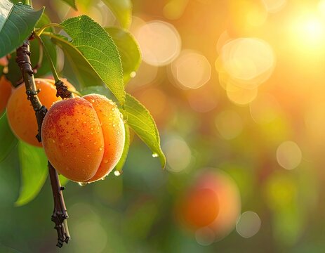 Sun-kissed apricots gleam with water droplets on a branch, bathed in golden light