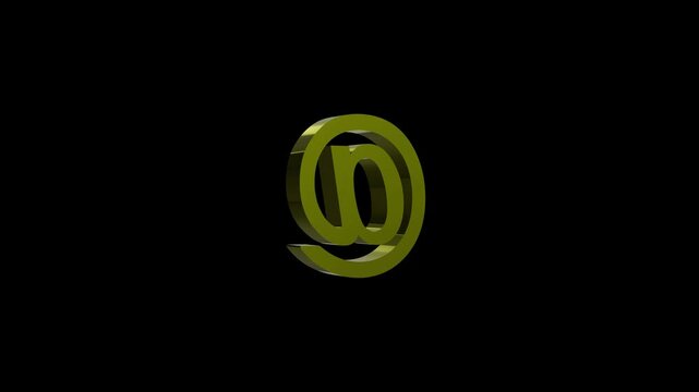 3D Rotating At Sign Email Icon Animation in Golden Metallic Color, Internet Communication,Graphic Isolated on Black Background.