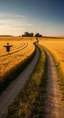 Fototapeta premium A dirt road winds through a golden wheat field towards distant farm buildings under a clear sky, symbolizing agriculture and rural life