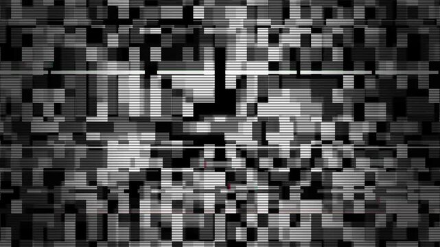 Static interference - No Signal: A glitchy, distorted television screen displays a chaotic mosaic of black and white pixels, suggesting signal loss or digital corruption.