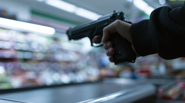 Bewaffneter Raub&uuml;berfall im Supermarkt: Nahaufnahme einer Hand mit Pistole, die &uuml;ber die Kasse zielt