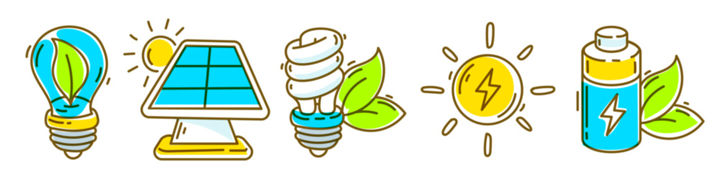Green renewable energy and efficiency vector icons set, colorful flat line art solar panel with sun, ecology lightbulb with leaf and power battery. Eco friendly and energy saving collection