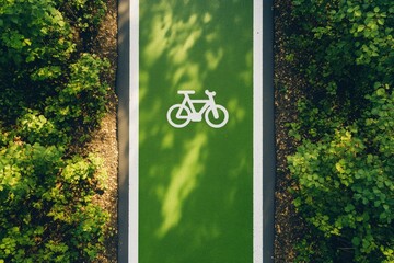 Obraz premium Aerial view of a green bike lane with a white bicycle symbol, bordered by dense foliage and sunlit shadows.
