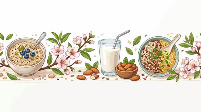 Wide banner showcasing almond products including milk, nuts, and healthy breakfast bowl.