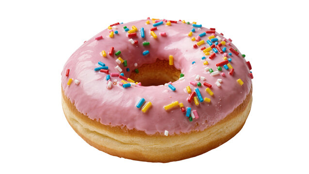 Pink frosted donut with colorful sprinkles, isolated on transparent background