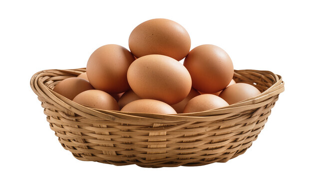 Woven wicker basket filled with brown chicken eggs, isolated on transparent background