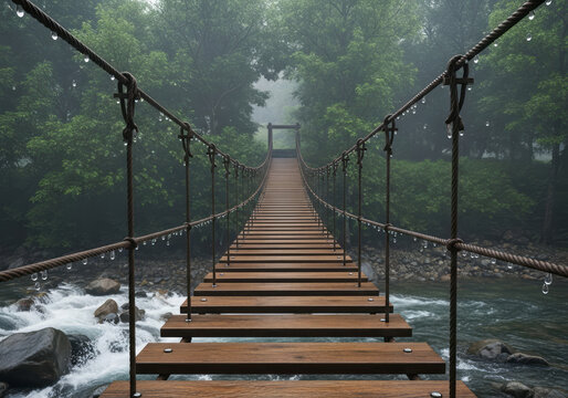 Suspension bridge over river in forest with fog and mist.
