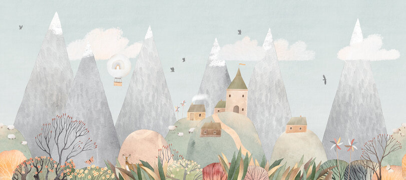 Cute mountain landscape, hot air balloon. Vintage style. Design for a children's room, poster, postcard.