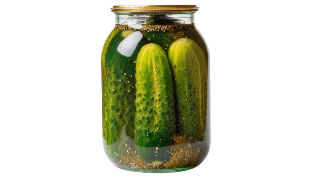 Glass jar filled with pickled cucumbers and dill, isolated on transparent background