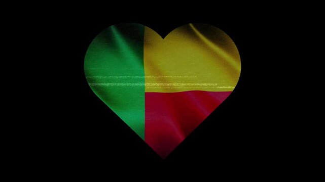 Patriotic Benin Heart Waving National Flag. Heart Shaped Benin Flag Animation with Retro Digital Glitch Effect