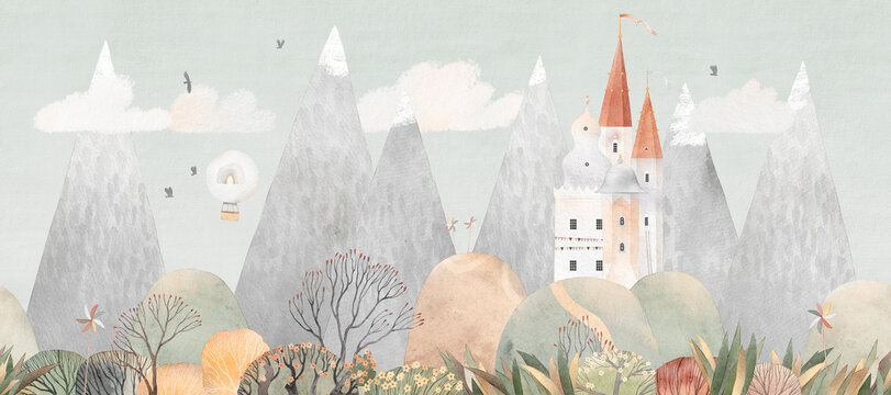 Cute castle, hills, mountains, hot air balloon. Vintage style. Design for a children's room, poster, postcard.