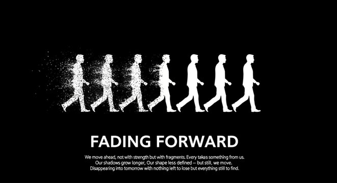 Conceptual silhouette of a man walking and dissolving into particles against a dark background representing progress and the passage of time