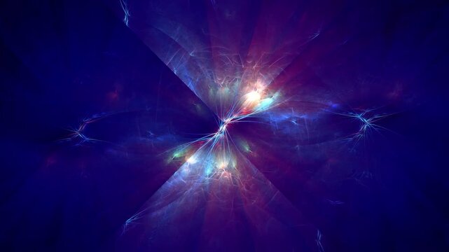 Abstract blue and purple fractal background with glowing energy lines, shimmering light particles, and cinematic motion loop.