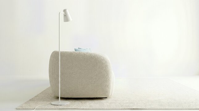 Side view of a modern textured cream sofa and floor lamp in a minimalist room. GENERATED BY AI.