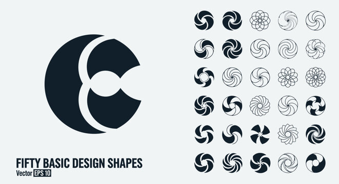 Minimalist geometric logo collection, fifty basic design shapes in vector format, abstract circular spiral icons for corporate branding and identity