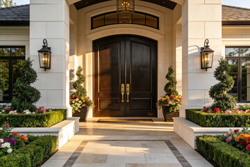 Fototapeta premium Elegant Luxury Home Entrance with Landscaping and Double Front Doors