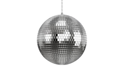 Shiny silver disco ball with chain, isolated on transparent background