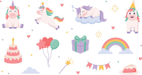 Obraz premium Cute Unicorn Birthday Party Vector Element Set with Magic Horses, Rainbow, Birthday Cake, Balloons, Gifts, and Garlands for Children Invitation Designs