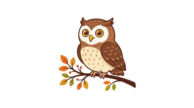 Cute brown owl perched on autumn branch with colorful leaves