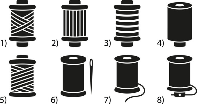 Numbered thread spool icon collection for tailoring workshops and sewing supplies product catalog layout.