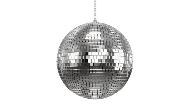 Shiny silver disco ball with chain, isolated on transparent background