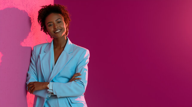 bold black ceo in electric blue suit, visionary leader with explosive color contrast, confident female executive with neon power presence