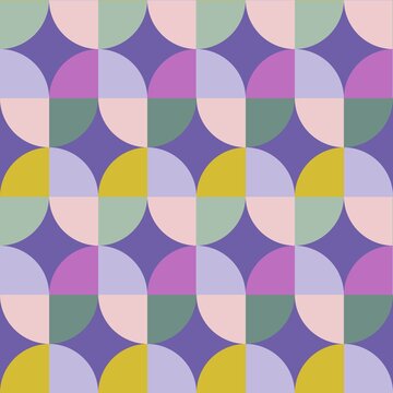 Retro geometric seamless pattern with pastel colorful semi circles and abstract shapes. Vintage 70s mid-century modern background for wrapping paper, textile, or wallpaper design.