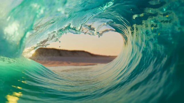 Inside curling ocean wave progressing from early curl to collapsing barrel near shore