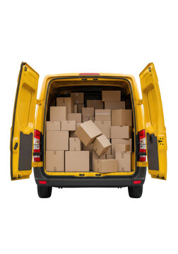 Yellow van filled with cardboard boxes.