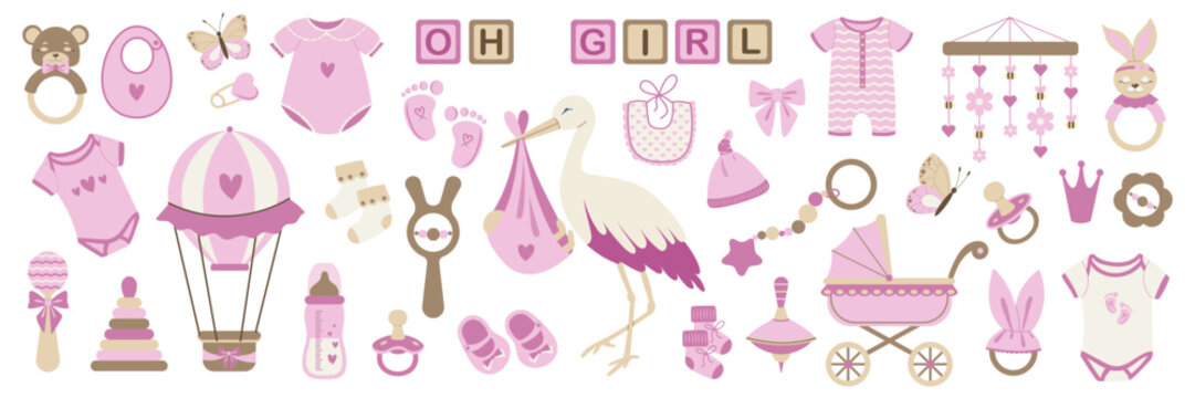 Hand drawn baby girl pink nursery elements set. Cute baby shower accessories, new born clothes, items, and toys. Simple vector illustrations baby girl gender reveal announcement clipart collection.