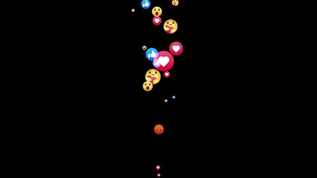Animated social media reaction emojis and hearts,care,like,haha, floating upwards on a black background,Social media icons and emojis float across a black background.