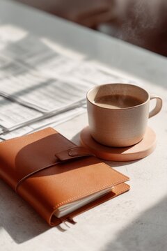 Cup of steaming hot coffee with leather journal on white table. Morning planning and study routine. Academic and professional workspace atmosphere for business writing and reading concept.