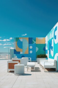 Modern rooftop terrace with artistic tiled walls and white lounge furniture. Sunny outdoor relaxation area with contemporary decor. Urban lifestyle design and exterior architectural concept.