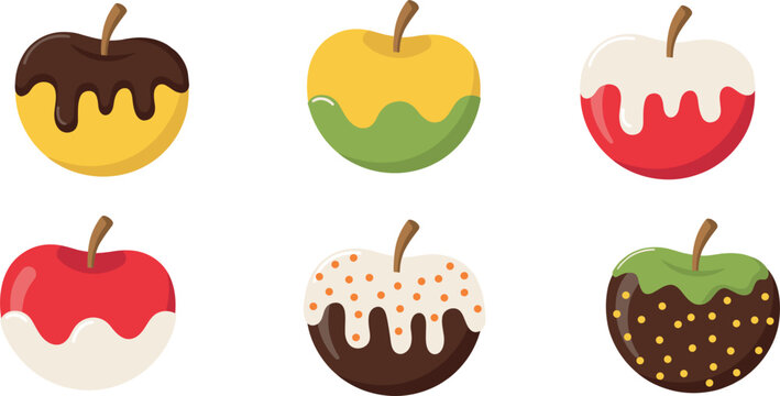 Candy Apple Vector Set Chocolate Caramel Coated Sweet Dessert Toffee Sprinkles Fair Treat Cartoon Illustration Collection