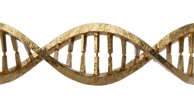 Textured golden DNA helix structure, isolated on transparent background
