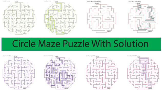circle maze puzzle with multiple solutions and colorful paths on white background