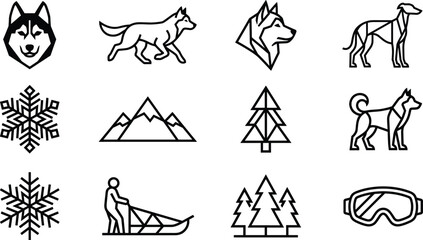 Winter Sports and Wildlife Line Icon Set Featuring Husky Dogs Wolves Snowflakes Mountains Trees Goggles and Dog Sledding Graphic Layout Elements © Icon Designs