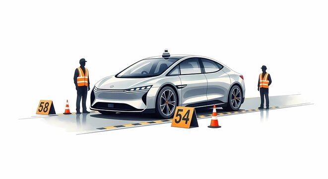 Automated driving vehicle undergoing rigorous performance testing with safety observers monitoring the progress near orange cones to ensure precise navigation and compliance during development