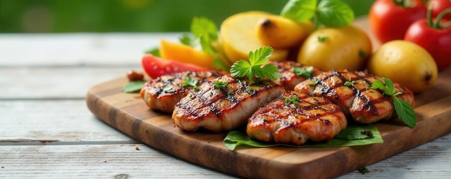 Grilled meats, veggies, fruit salad, potatoes on white wood Summer BBQ feast , meal, plate